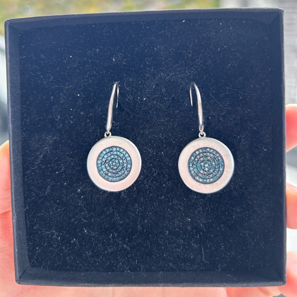 Blue diamond and silver disk drop earrings
